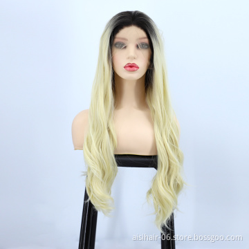 Aisi Hair Cheap Vendor Popular Long Wavy Curly Body Wave Ombre Blonde Lace Frontal Synthetic Hair For Black Women Lace Front Wig